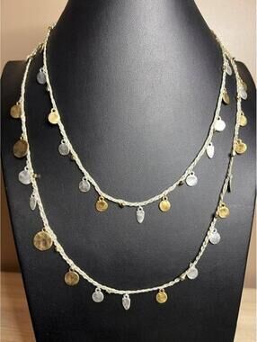 B5329 Stella & Dot Long Charm Necklace Braided Cord Mixed Metal Boho 42"